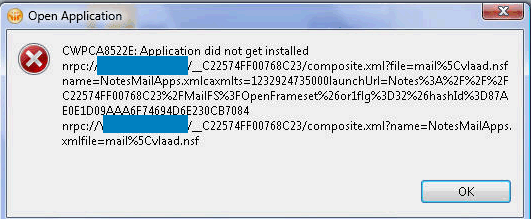 Image:"CWPCA85522E: Application did not get installed" opening mailfile