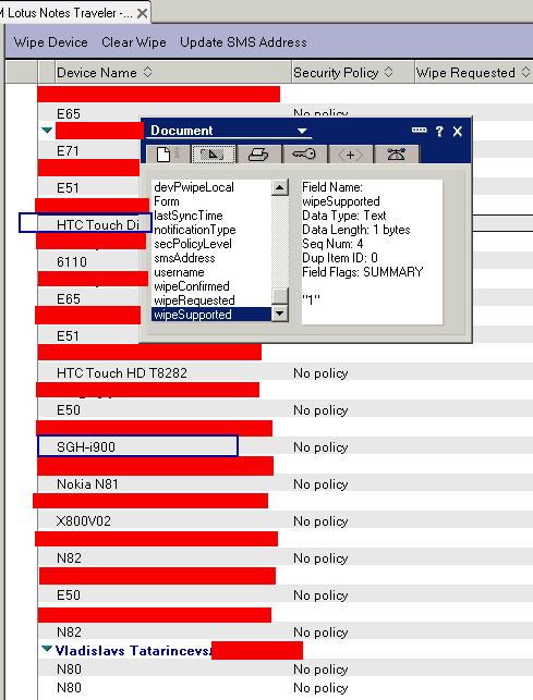 Image:Lotus Traveler:: WIPING Device remotely:: Not all Devices support this feature
